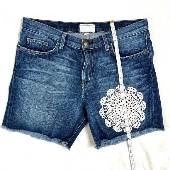 Current Elliot High Rise The Rolled Short Crochet Lace Denim Jean Shorts Frayed - Picture 13 of 16
